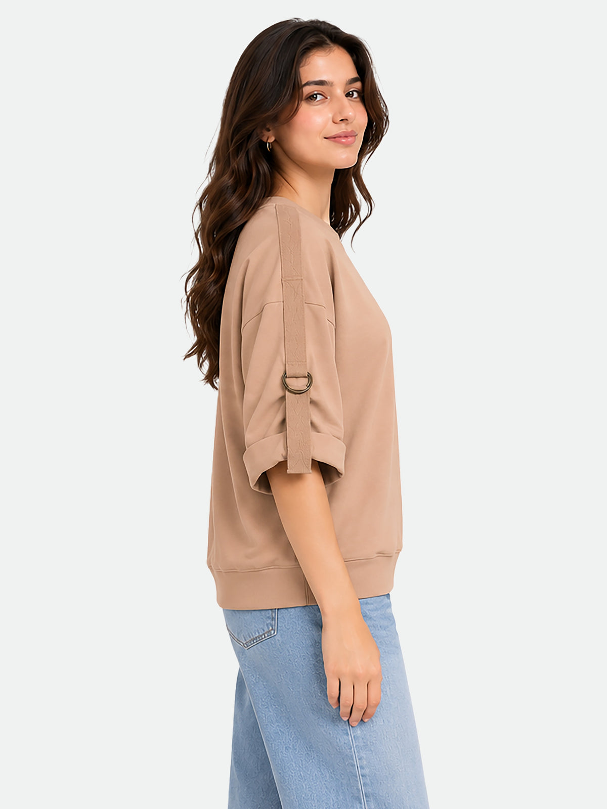 Zarelle Women's Cotton Relaxed Fit Graphic T-Shirt with D-Ring Strap Sleeve