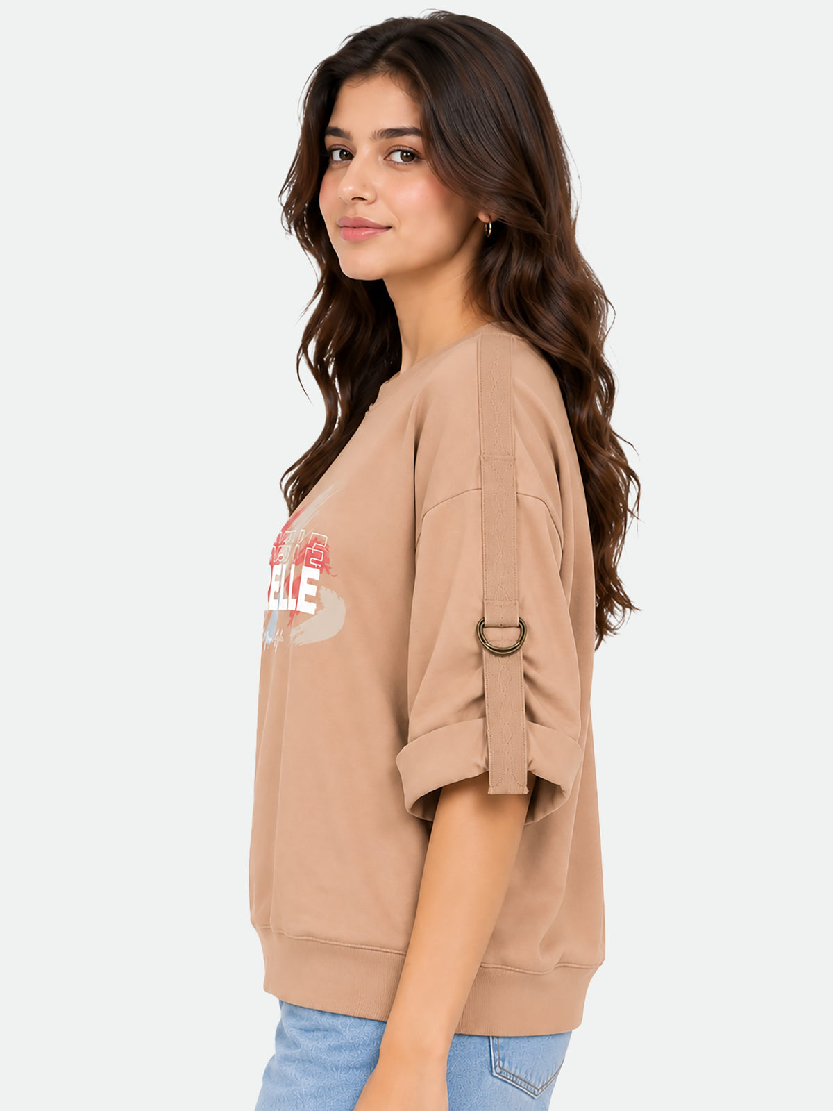 Zarelle Women's Cotton Relaxed Fit Graphic T-Shirt with D-Ring Strap Sleeve
