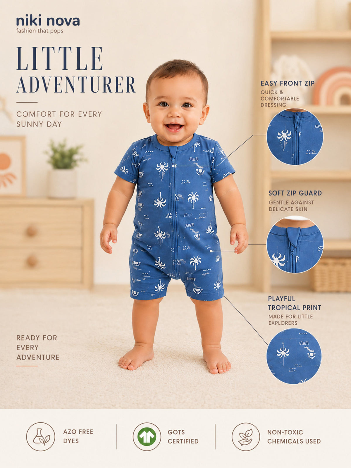Niki Nova Baby Short Zip Romper Soft Cotton for Baby Boys & Girls